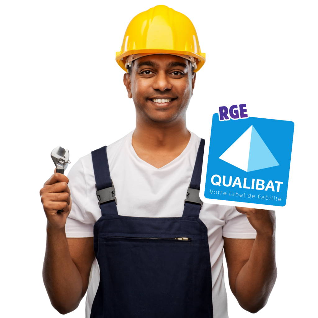 Logo RGE accompagné de l’illustration d’un ouvrier, symbolisant la qualification Reconnu Garant de l’Environnement pour les travaux de rénovation.
